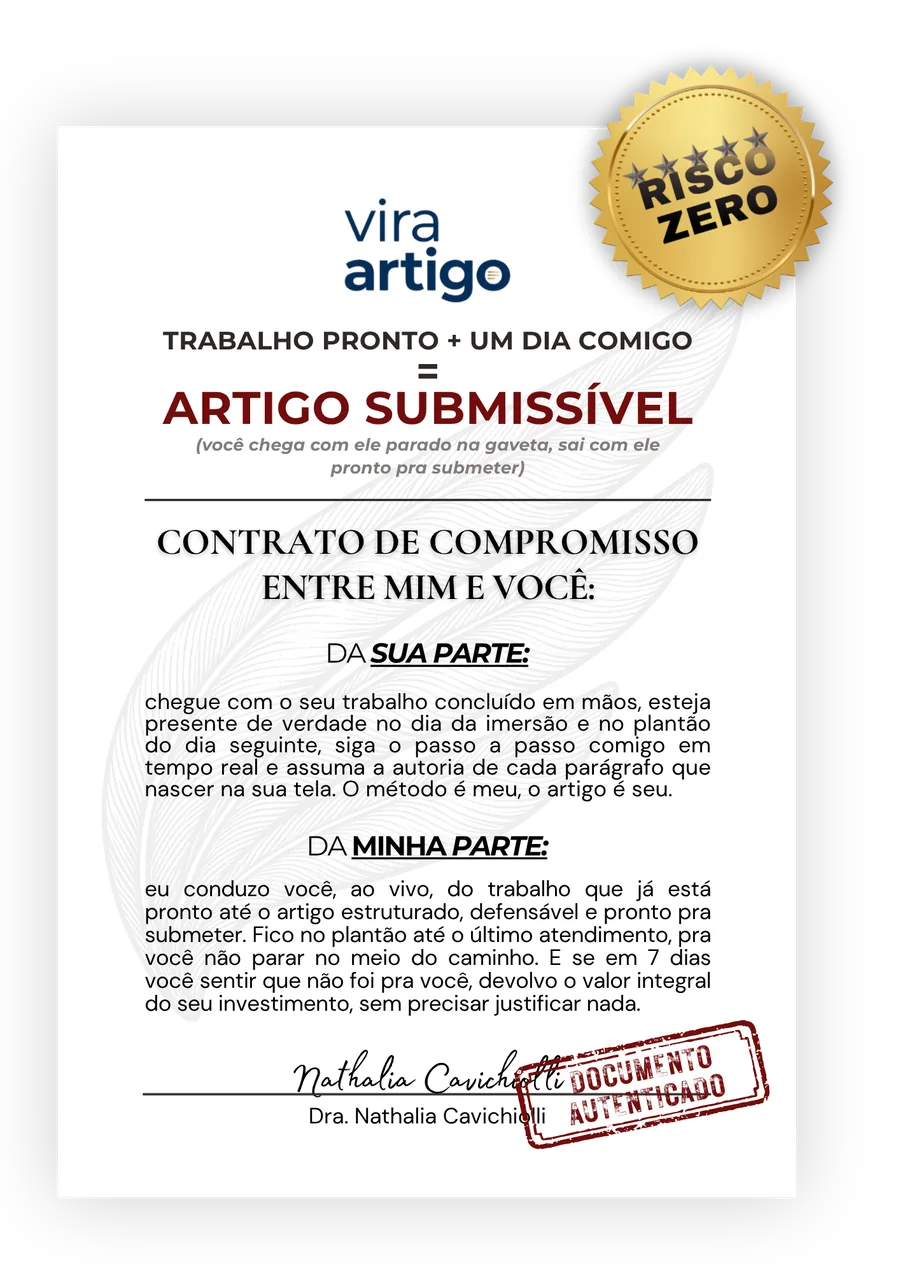 Contrato de compromisso Vira Artigo: garantia risco zero assinado pela Dra. Nathalia Cavichiolli